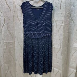 LL Bean Polka Dot Dress‎ Womens XL Navy Blue  V-Neck Ruched Waist 299896